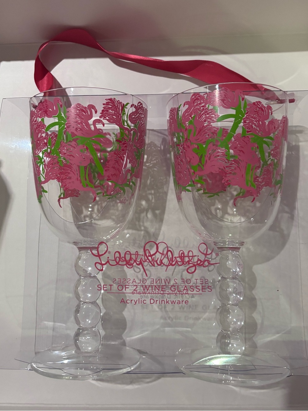 Lilly Pulitzer Pink Floral Acrylic Wine Glasses with Green Accents - Set of 2
